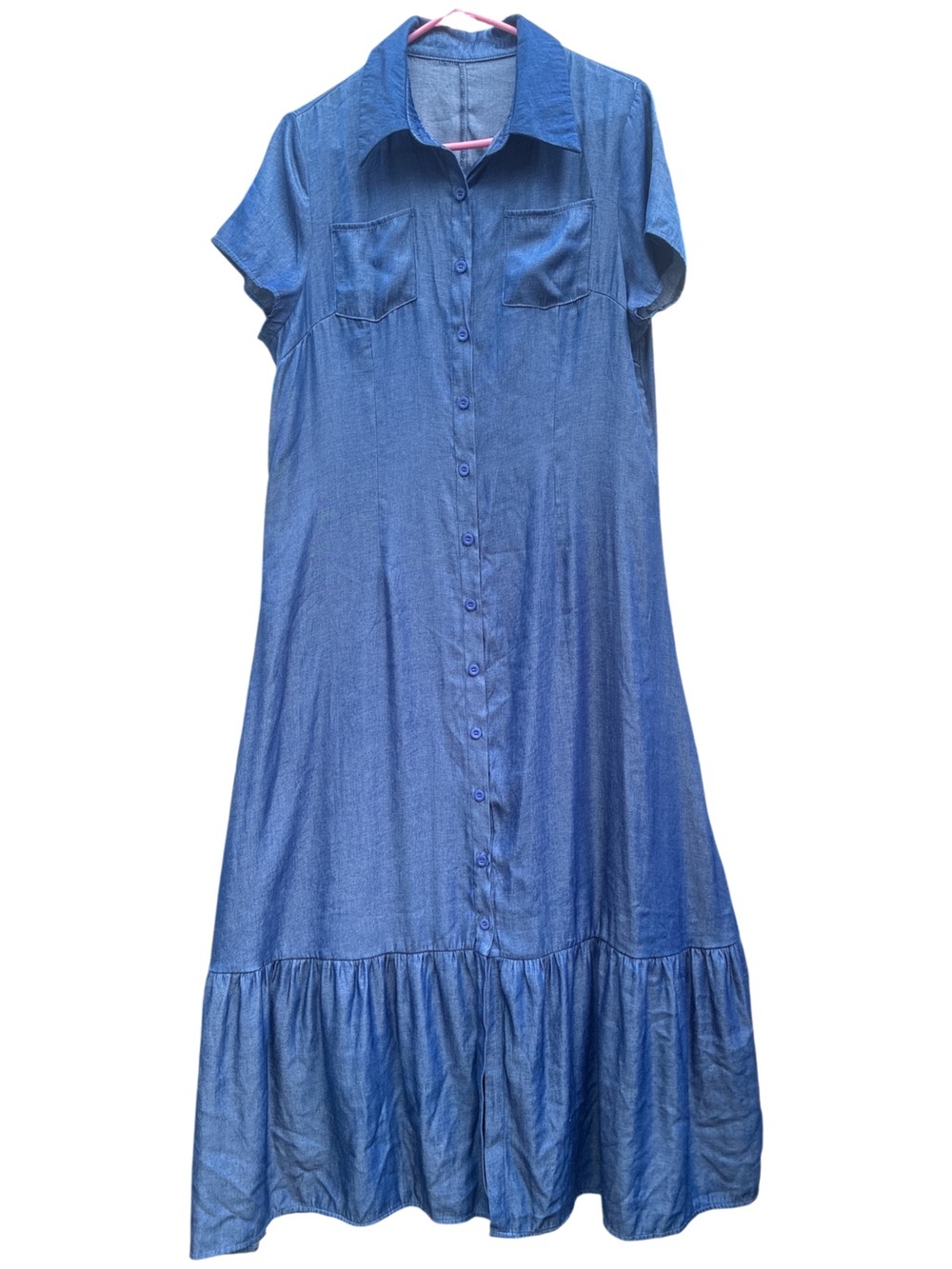 SHEIN Blue Button-Front Maxi Shirt Dress with Ruffle Hem